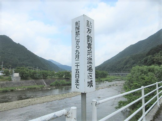 舟場橋たもとの鮎の友釣り区域を示す標柱