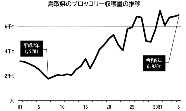 グラフ「農林水産省「作物統計調査」鳥取県のブロッコリー収穫量の推移」