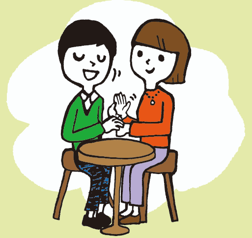 盲ろうの人が触手話で会話している絵