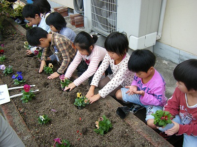 花を植える岸本小学校の生徒たち