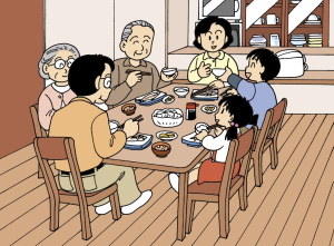 家族が食事している画像